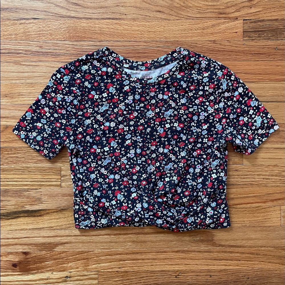 Primark Navy Short Sleeve Knot Shirt with Red and Blue Flowers, Size 3-4yrs